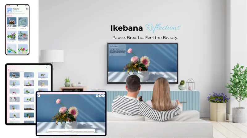 Ikebana Reflections app showing beautiful flower arrangements on multiple devices